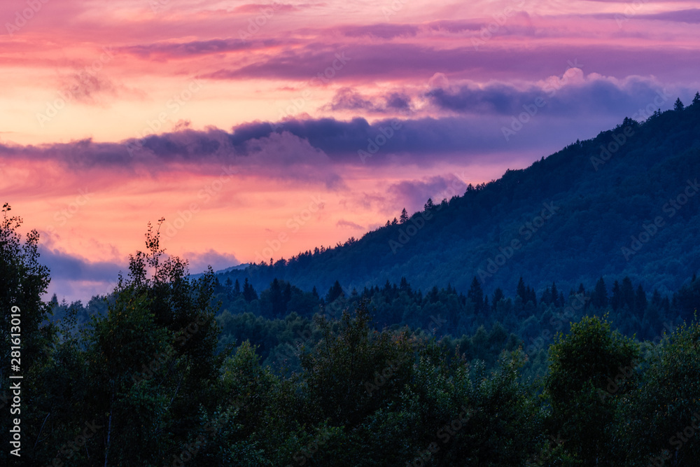 Sun sets over Bieszczady mountains.