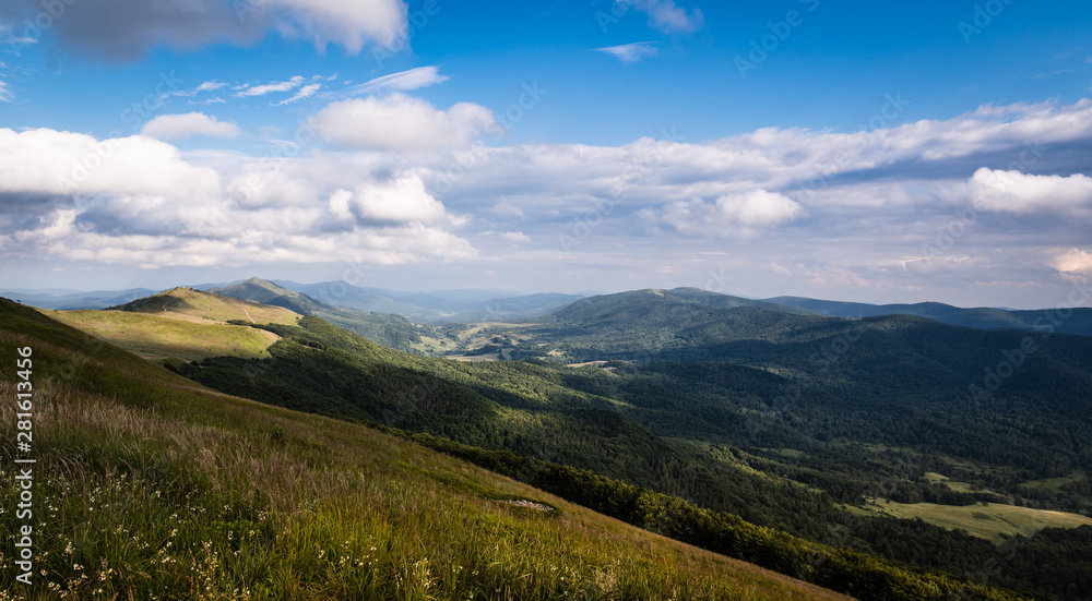 A view of the valley in Bieszczady Mountains, seen from Połonina Wetlińska. A view of the valley in Bieszczady Mountains, seen from Połonina Wetlińska.