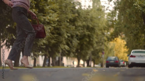 Wallpaper Mural Businesswoman Legs In High-Heeled Shoes crossing the street. Female holding fation bag in her hands. Slow Motion Shot. Torontodigital.ca