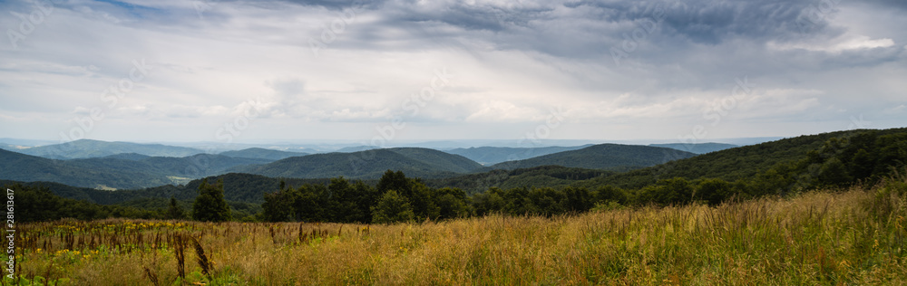 A panorama of the mountain range east of the Smerek peak in Bieszczady. A panorama of the mountain range east of the Smerek peak in Bieszczady.