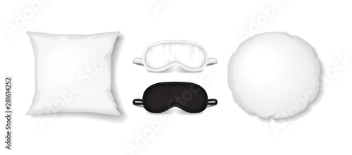White square and round pillows with eye sleep mask set. Vector realistic sleep accessories