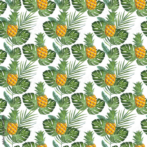 tropical seamless pattern with monstera, banana leaves and pineapples