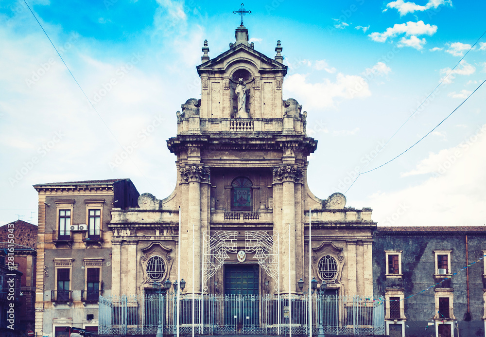 Beautiful cityscape of Italy, facade of old cathedral in Catania, Sicily, Italy, famouse baroque church.