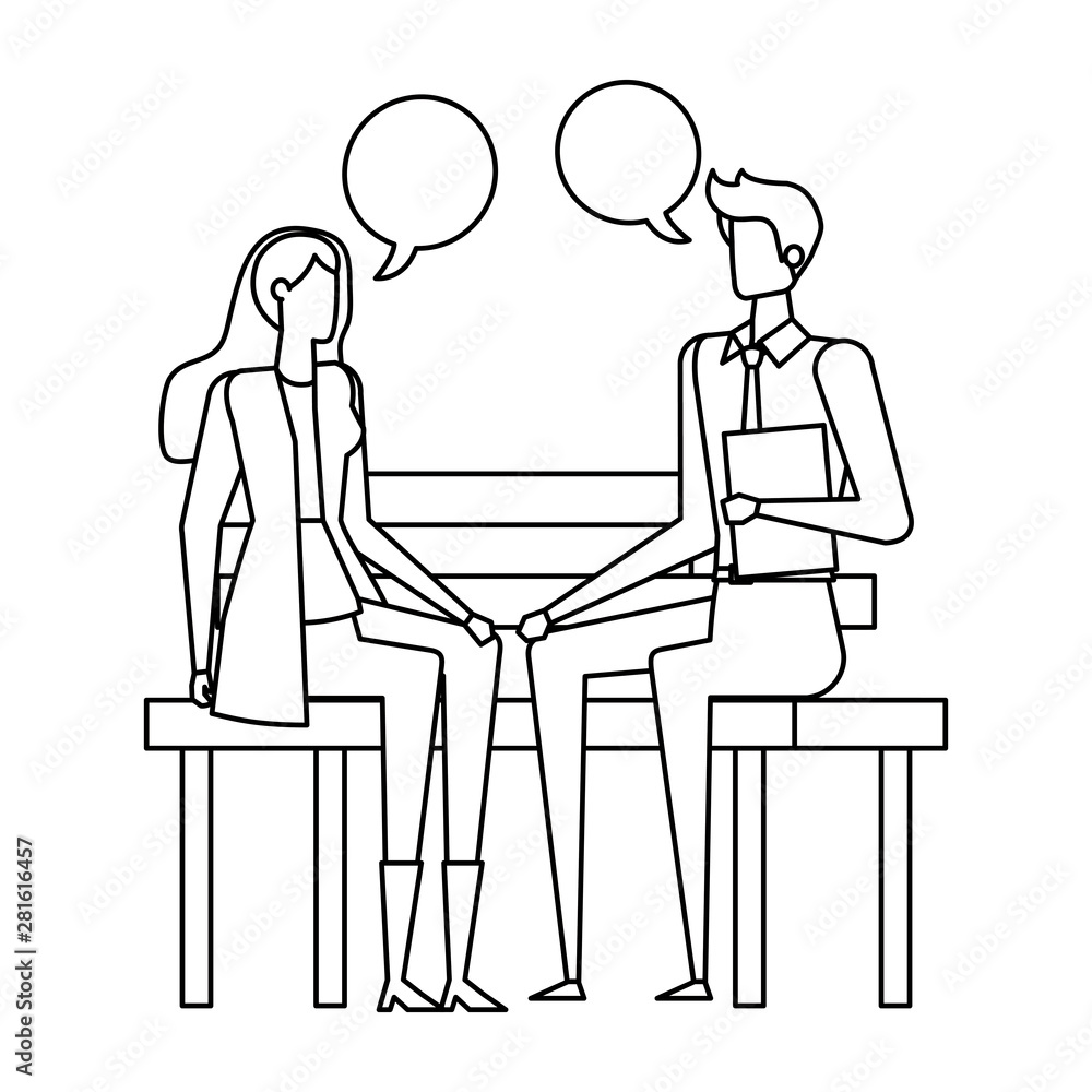 business couple seated in the park chair with speech bubbles business couple seated in the park chair with speech bubbles