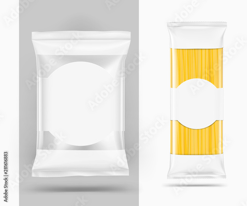 Transparent bag and box with spaghetti pasta on white background. Vector illustration and signs. Can be use for template your design, promo, adv. EPS10.
