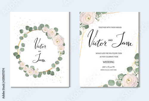 floral wedding invitation template, design concept, rose, anemone, ranunculus, chamelaucium, pink flowers and decorative eucaliptus leaves,  greeting cards design set. 