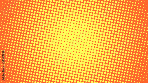 Yellow and orange pop art background in retro comic style with halftone dots design with white lines