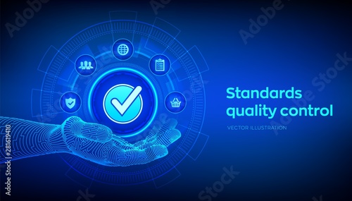 ISO standards quality control assurance warranty business technology concept. ISO standardization certification industry service concept. Accepted sign in robotic hand. Vector illustration.