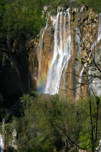 waterfall with rainbow in Plitvice National Park 