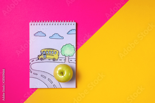 notebook with a picture of a school bus