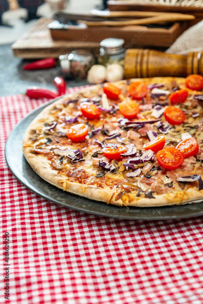 pizza cooked with standard cooked ham and mushrooms pizza cooked with standard cooked ham and mushrooms