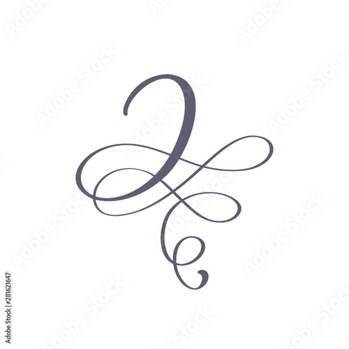 Vector Hand Drawn calligraphic floral J monogram or logo. Uppercase Hand Lettering Letter J with swirls and curl. Wedding Floral Design
