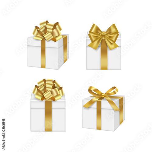 Set of realistic gifts box with golden bow on white background. Vector illustration.