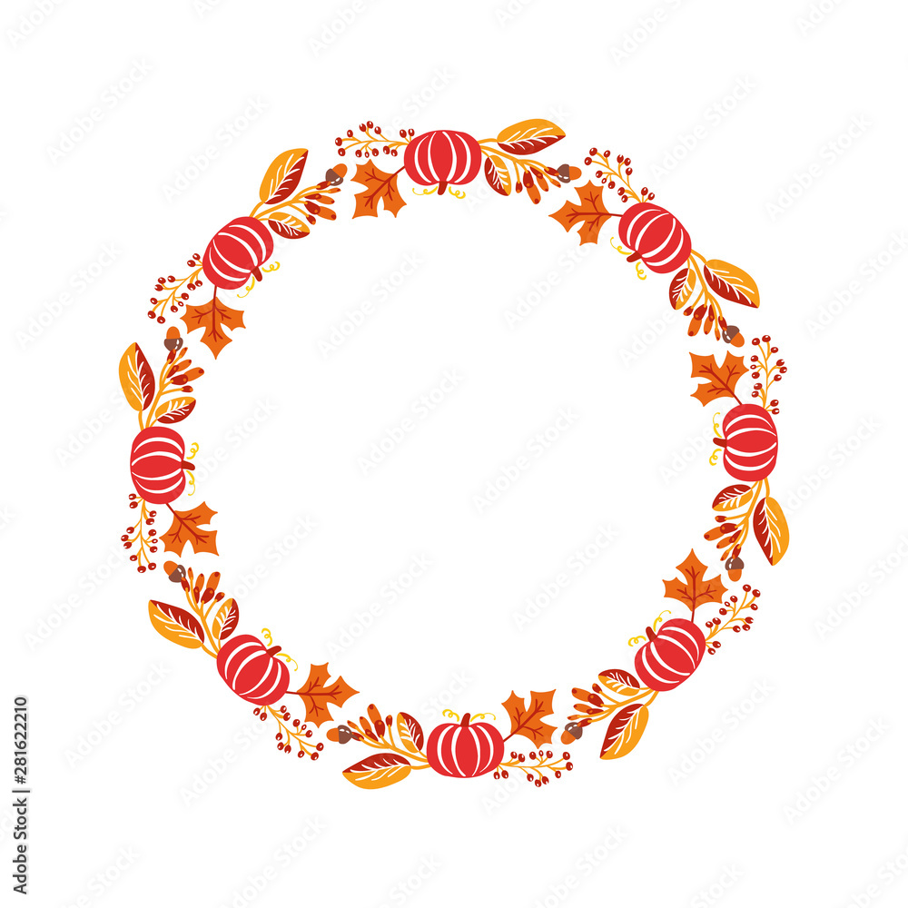 Vector frame autumn bouquet wreath. Orange leaves, berries and pumpkin isolated on white background with place for text. Perfect for seasonal holidays, Thanksgiving Day