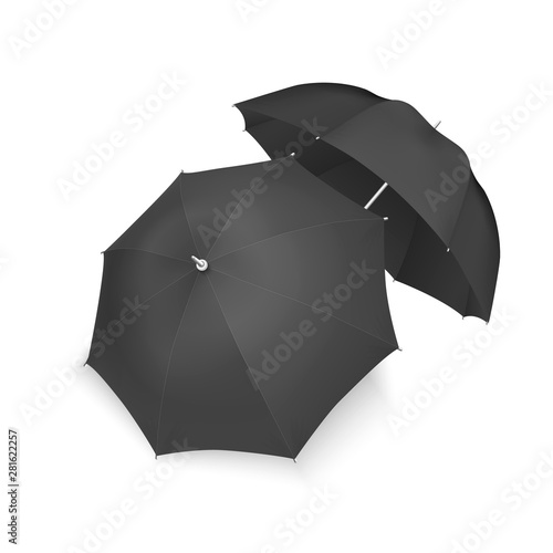 Vector 3d Realistic Render Black Blank Umbrella Icon Set Closeup Isolated on White Background. Design Template of Opened Parasols for Mock-up, Branding, Advertise etc. Top and Front View
