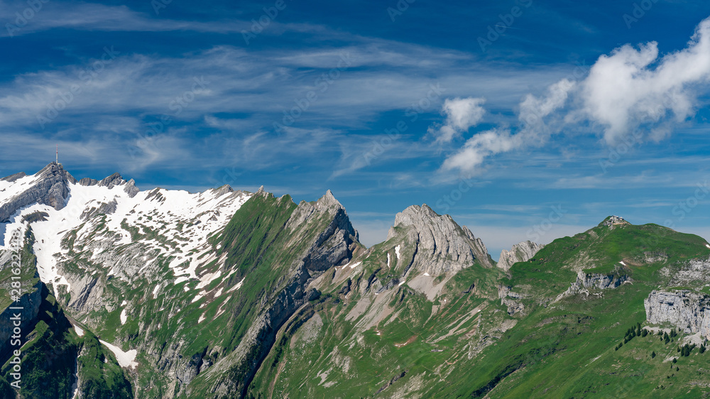 Switzerland, Panoramic view on Santis, EbenAlp and Berggasthaus Schäfler