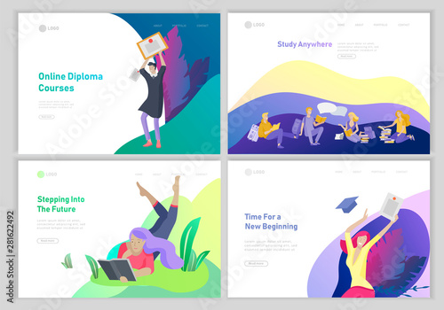 Set of web page design templates with relaxed learning people outdoor and graduate for online education, training and courses. Modern vector illustration concepts