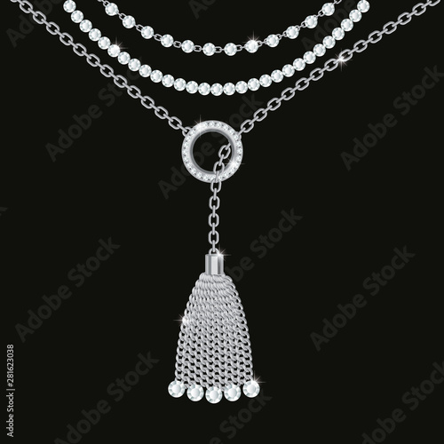 Background with silver metallic necklace. Tassel, gemstones and chains. On black. Vector illustration