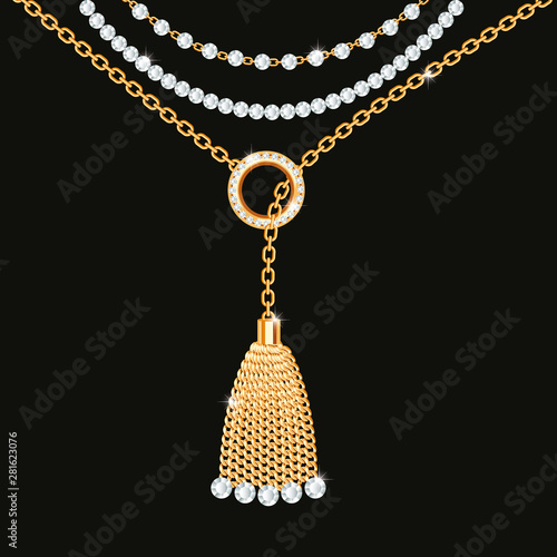 Background with golden metallic necklace. Tassel, gemstones and chains. On black. Vector illustration