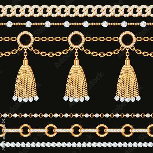 Set collection of golden metallic chain borders with gemstones and tassels. On black. Vector illustration
