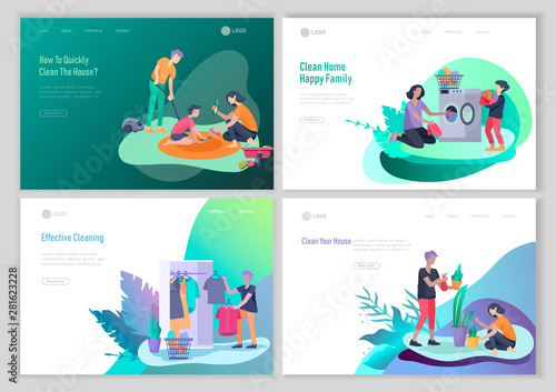 landing page template people home cleaning, washing dishes, fold clothes, cleaning window, carpet and floor, wipe dust, water flower. Vector illustration cartoon style