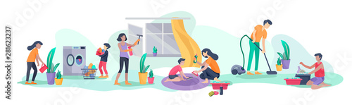Scene with big family doing housework, kids helping parents with home cleaning, washing dishes, fold clothes, cleaning window, carpet and floor, wipe dust, water flower. Vector illustration cartoon