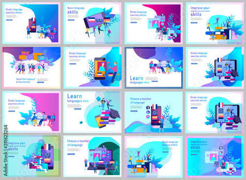 Set of Landing page templates for Online language courses, distance education, training. Language Learning Interface and Teaching Concept. Education Concept, training young people. Internet students
