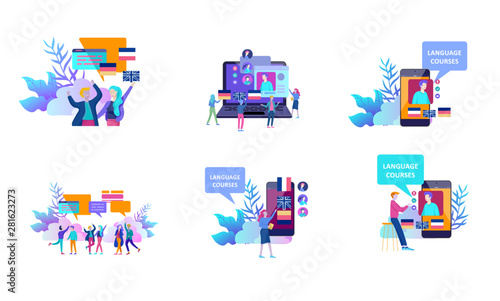 templates for Online language courses, distance education, training. Language Learning Interface and Teaching Concept. Education Concept, training young people. Internet students