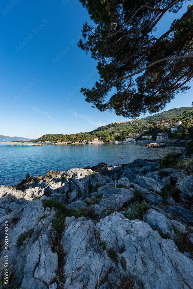 Fiascherino beach and Mediterranean Sea, near Lerici in the Gulf of La Spezia, Liguria, Italy, Europe Fiascherino beach and Mediterranean Sea, near Lerici in the Gulf of La Spezia, Liguria, Italy, Europe