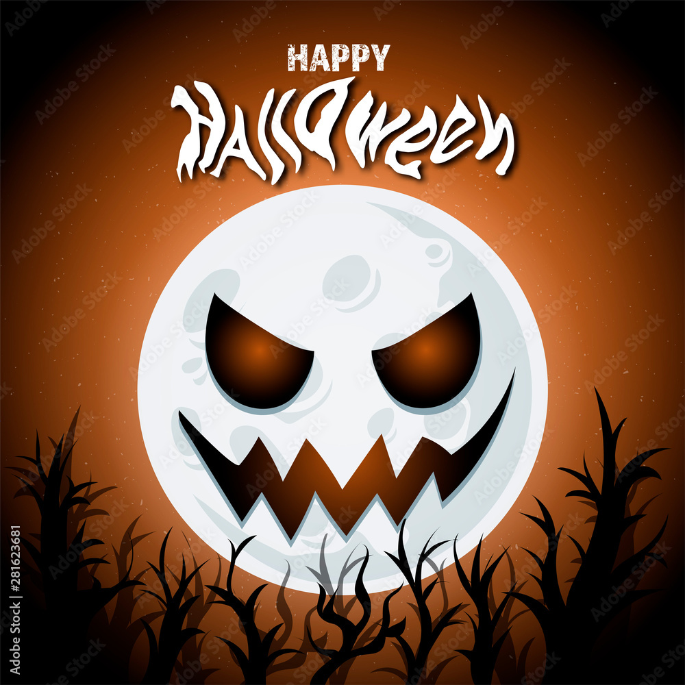 Happy Halooween vector illustration with scary smiling moon on orange night sky with spooky forest for poster, banner, holiday sales, celebration invitation, horror background, flame and fire, evil Happy Halooween vector illustration with scary smiling moon on orange night sky with spooky forest for poster, banner, holiday sales, celebration invitation, horror background, flame and fire, evil