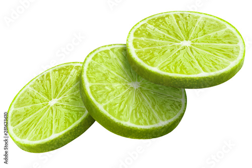 Slices of green lime, isolated on white background