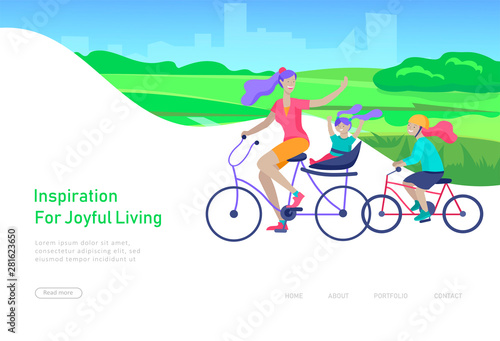 Landing page template with family riding bicycles, woman waving his hand, mother riding bicycles with child. People cycling outdoor activities concept at park, healty life style. Cartoon illustration