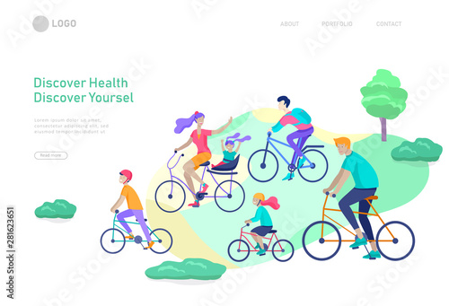 Landing page template with family riding bicycles, man waving his hand, mother riding bicycles with child. People cycling outdoor activities concept at park, healty life style. Cartoon illustration
