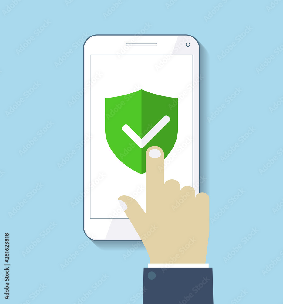 Hand holds mobile phone and finger touches screen Hand holds mobile phone and finger touches screen