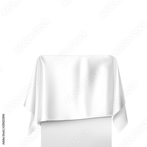 White round tablecloth draped over a table. Vector illustration on white background. Ready for your design, promo, presentation. EPS10.	