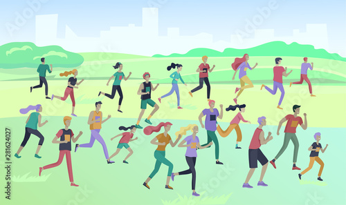 People Marathon Running Sport race sprint, concept illustration running men and women wearing sportswer in landscape. Jogging at Training. Healthy Active Speed Exercise. Cartoon Vector Illustration