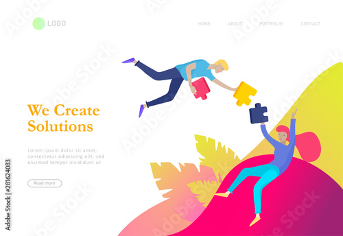 Landing page templates. Vector character business people with infographic of puzzle have solution. Goal thinking. Cooperation by group to create a team. Concept for web design Colorful flat concept