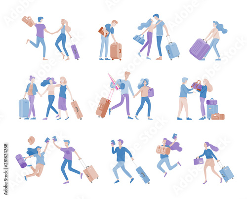 Different people travel on vacation. Tourists with laggage travelling with family, friends and alone, go on journey. Travelers in various activity with luggage and equipment. Vector illustration