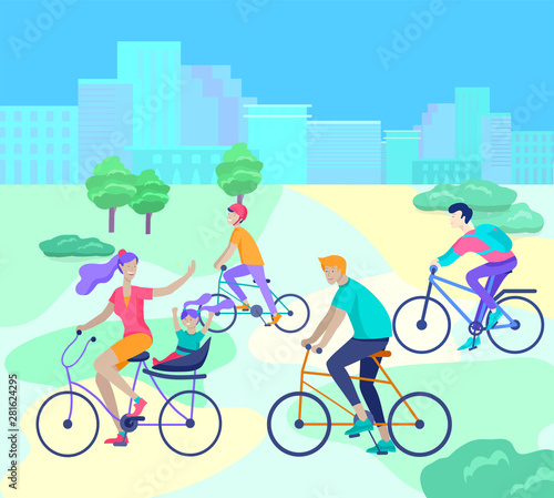 Young woman and man ride the bike in the park, family and friends riding bicycles. Mom, dad and children on bikes at park cycling together. Sports outdoor activity. Cartoon vector illustration