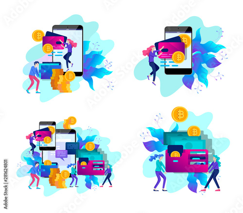Cryptocurrency and blockchain composition with people, analysts and managers working on crypto start up