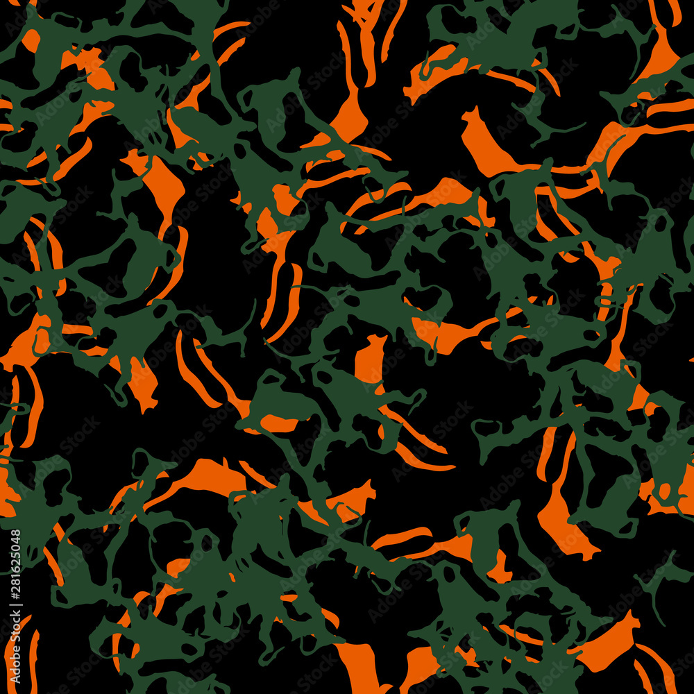 Urban UFO camouflage of various shades of black, orange and green colors