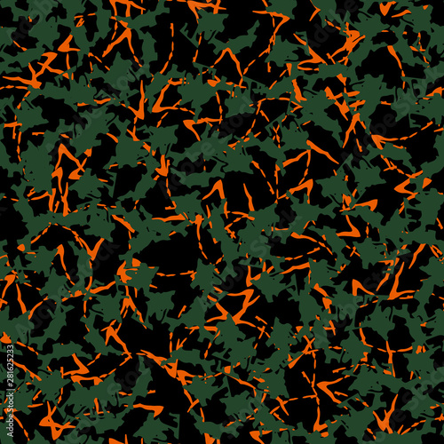 Urban UFO camouflage of various shades of black, orange and green colors