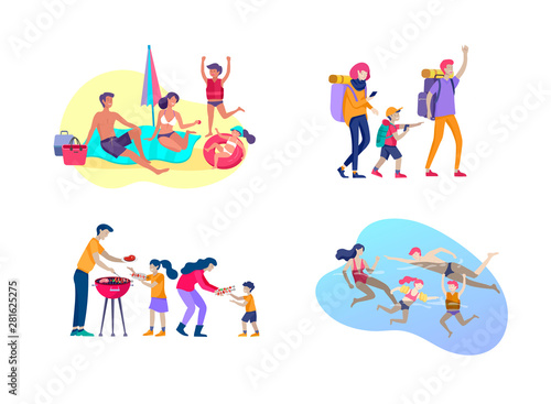Collection of family hobby activities. Mother, father and children sunbathing, swimming, hiking, traveling, preparing barbecue together. Cartoon vector illustration
