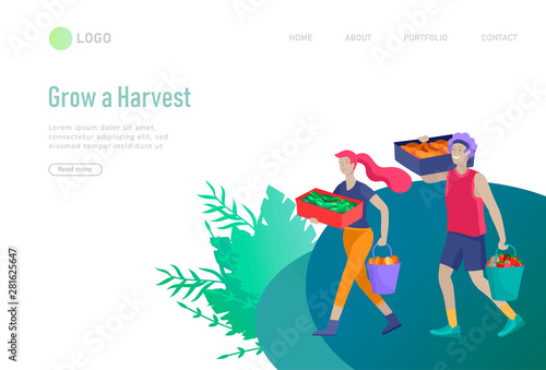landing page template Harvesting and gardening people, woman and man doing farming and garden job, planting, lay ripe vegetables to box. Reaping crop concept