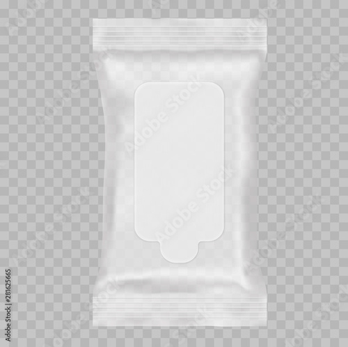 Vector realistic 3D package with flap on transparent background. plastic or polypropylene package. ready template wet wipes for your design, presentation, advertising, promo. EPS 10. 