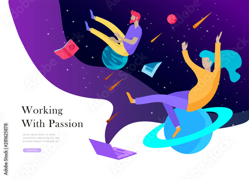 landing page template. Inspired People flying. Create your own spase. Character moving and floating in dreams, imagination and freedom inspiration design work. Flat design style