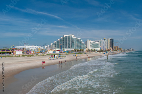 Daytona Beach, Florida. July 06, 2019 Panoramic view of Hilton Ocean Front and boardwalk on Daytona Beach.