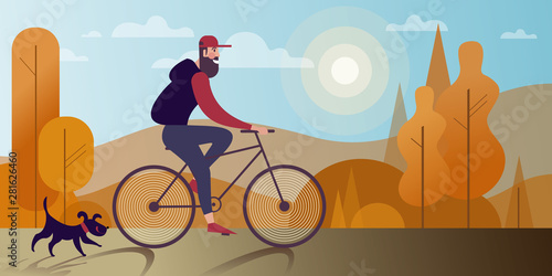 Young bearded man riding a bicycle with a dog in autumn park. Vector illustration