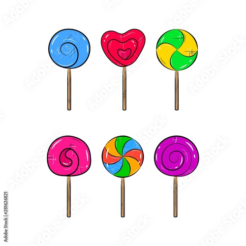 Colorful lollipop set icons. Swirl sweet lollipops. Vector illustration.