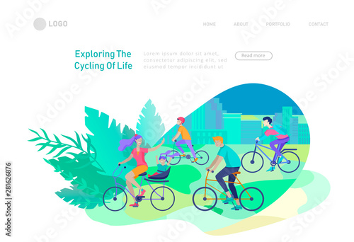 Landing page template with family riding bicycles, woman waving his hand, mother riding bicycles with child. People cycling outdoor activities concept at park, healty life style. Cartoon illustration